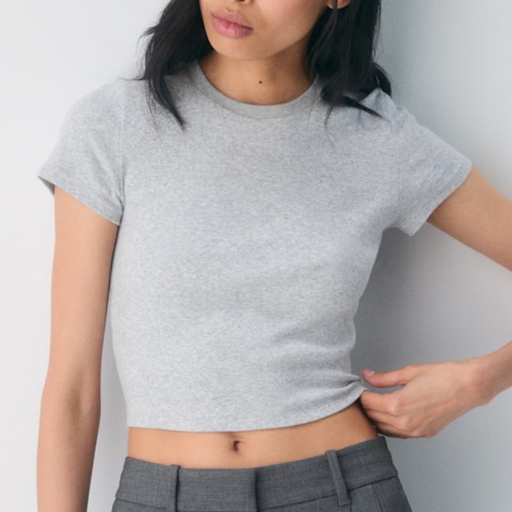 Aritzia TNA HomeStretch™ Rib Crew Waist T-Shirt Cropped Heather Chrome size XS